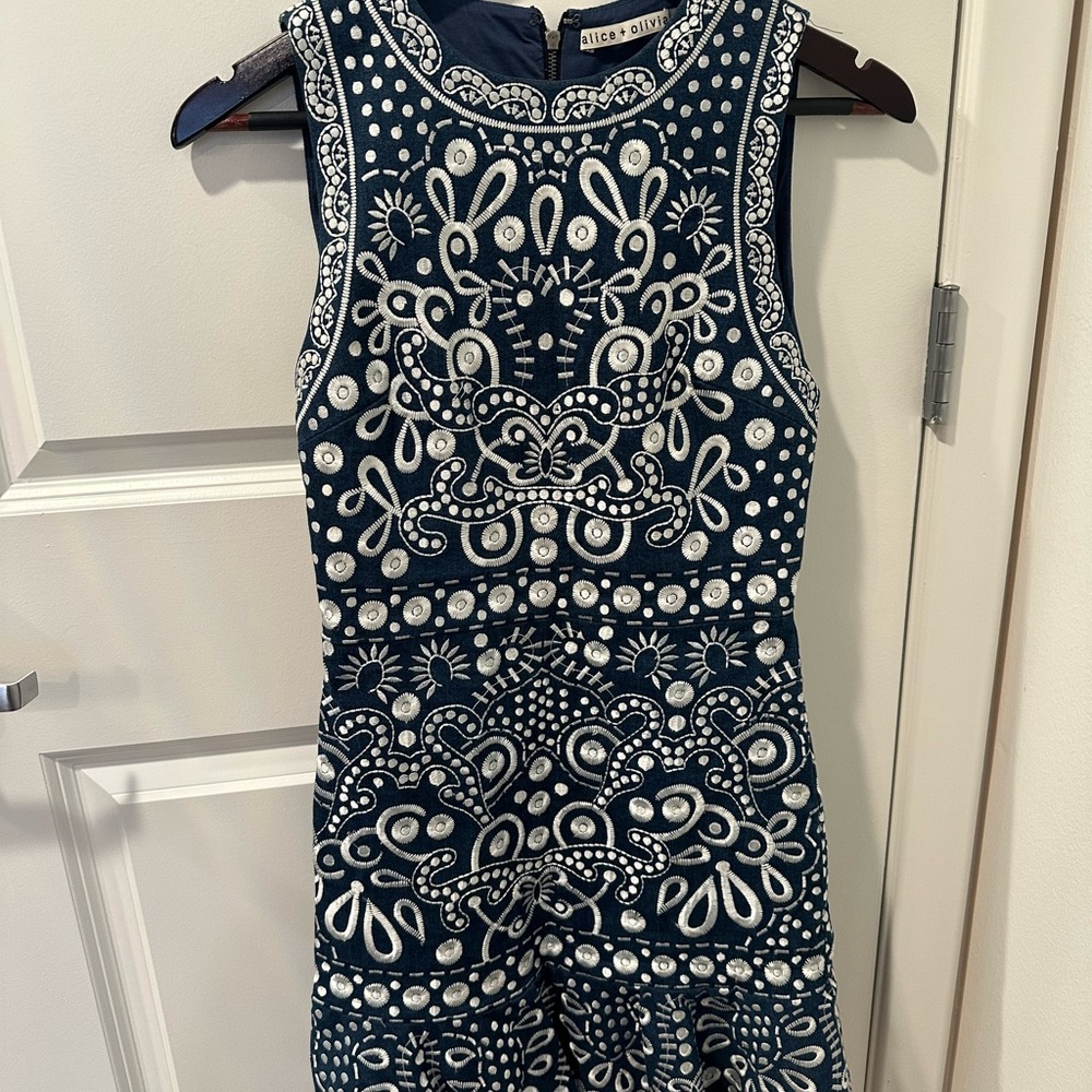 Alice + Olivia Navy Embroidered Dress
